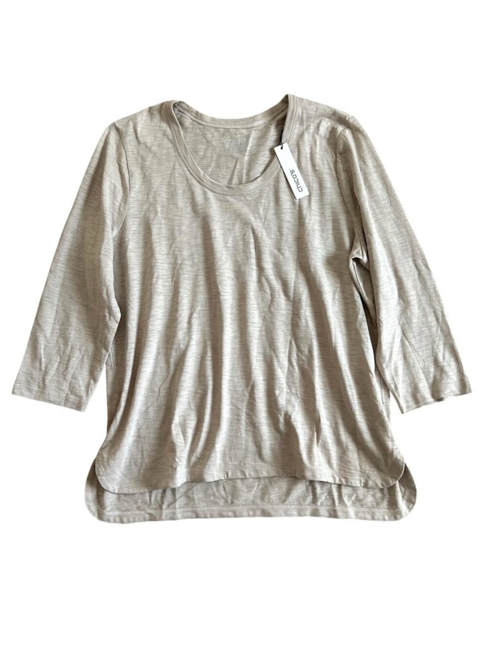 Chicos Women's Sz XL Beige 3/4 Sleeve Scoop Neck Top Cotton Modal Blend